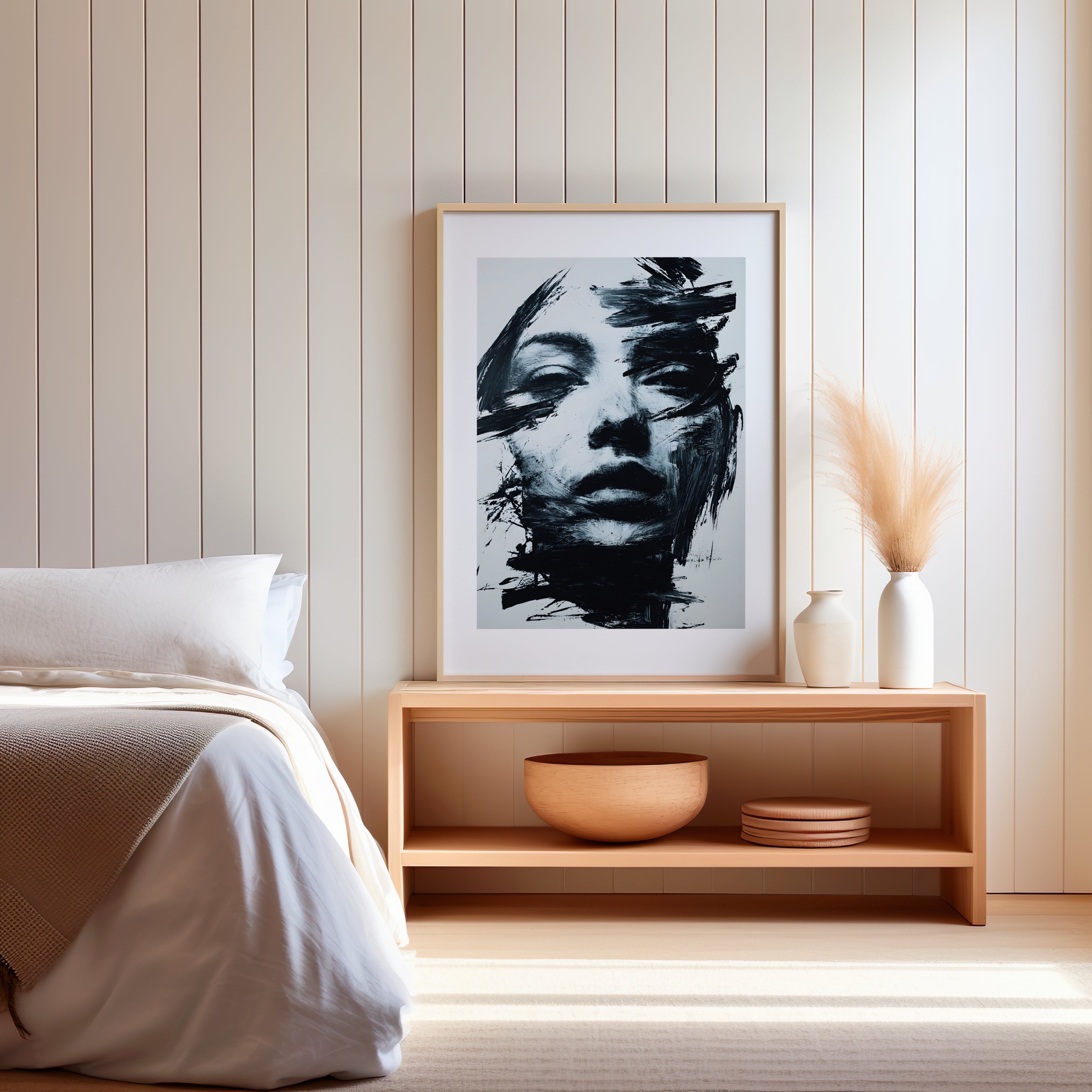 Portrait encadré abstrait d'une femme en noir et blanc dans une chambre