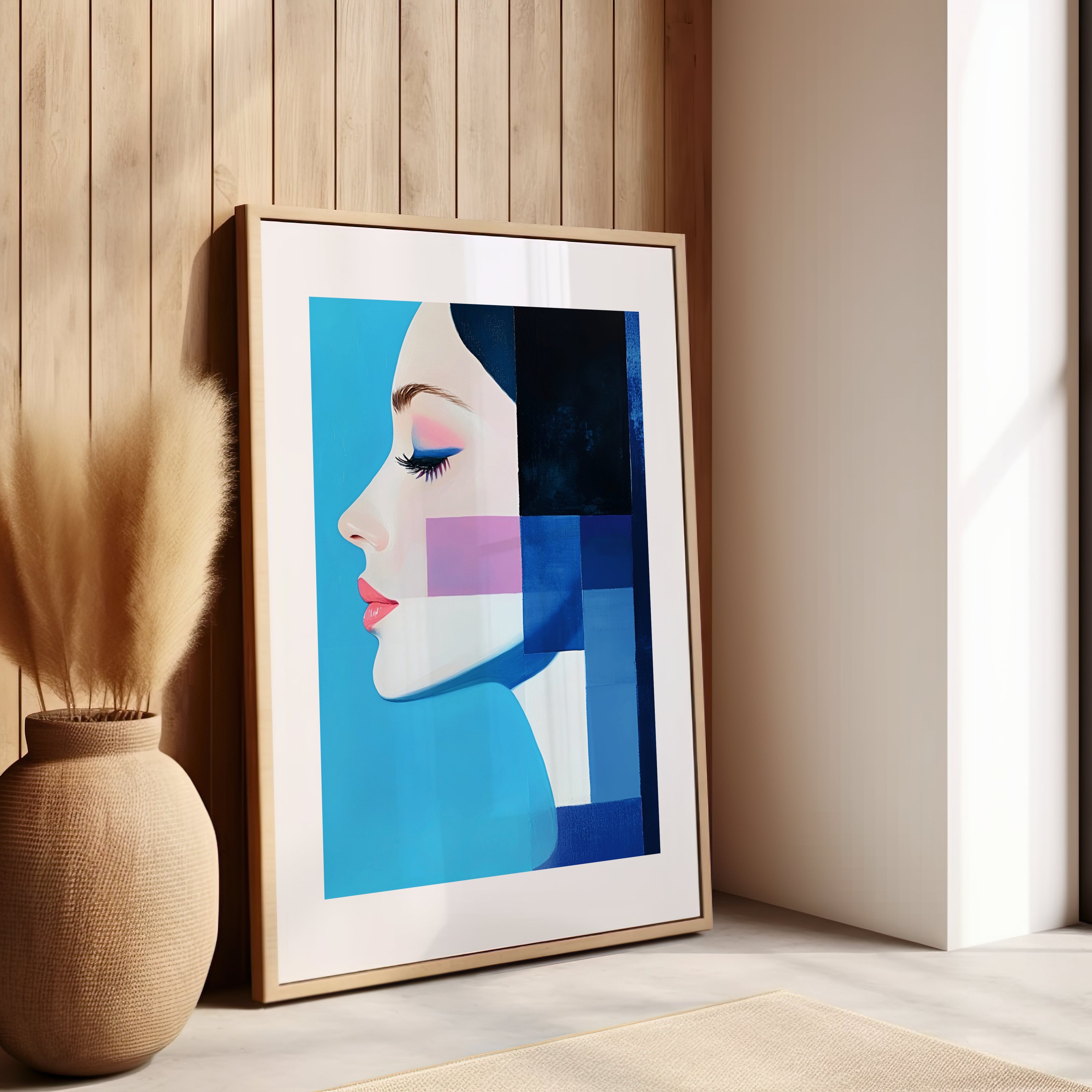 Tableau d'une femme de profil, couleur bleu 