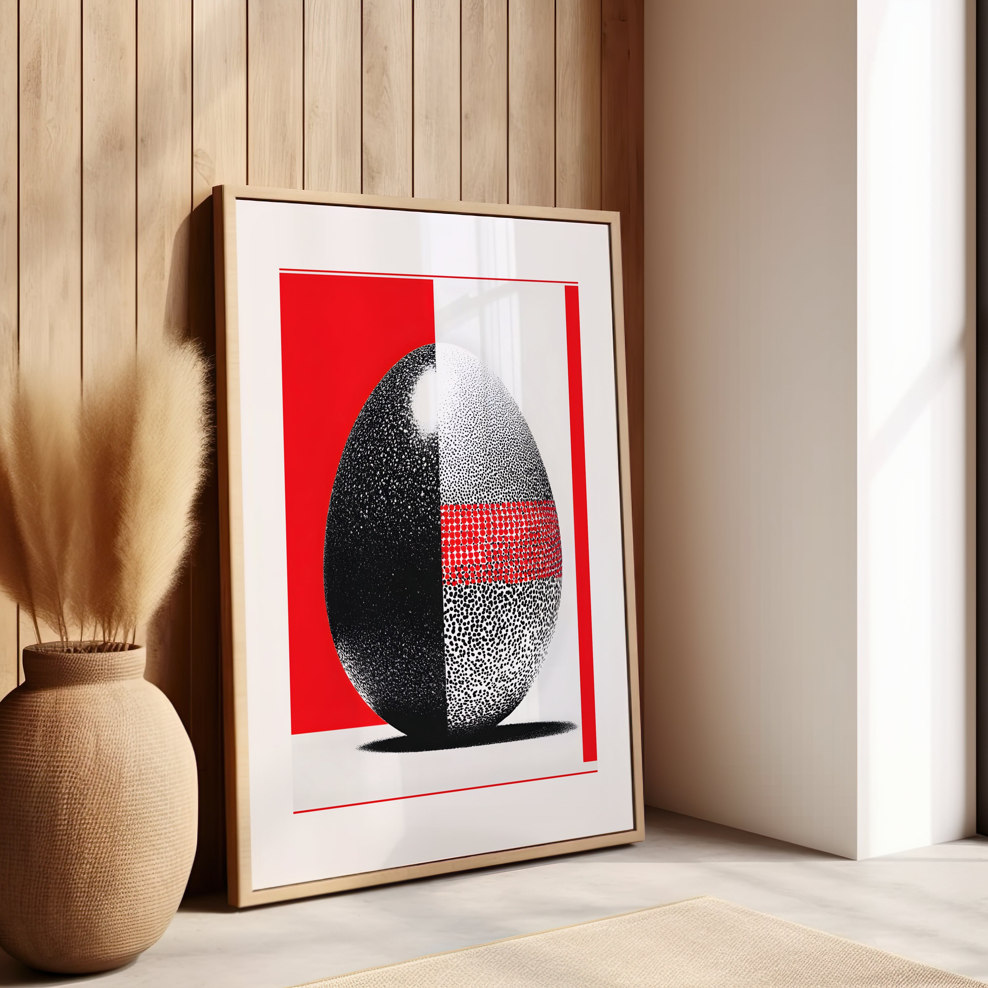 Oeuvre d'art abstraite représentant un oeuf texturé dans un salon