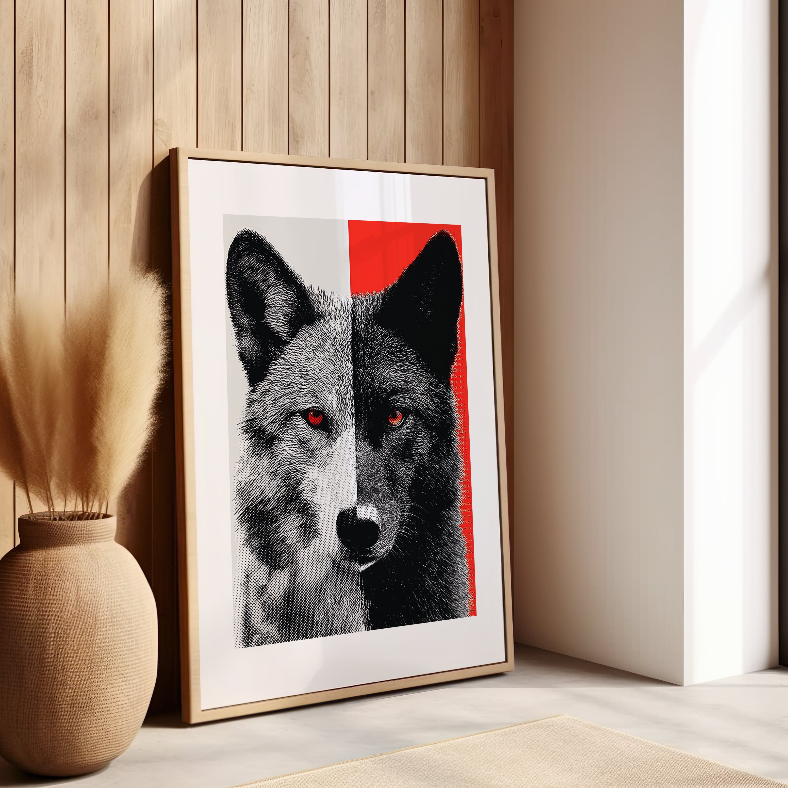 Oeuvre d'art d'un loup en rouge et noir