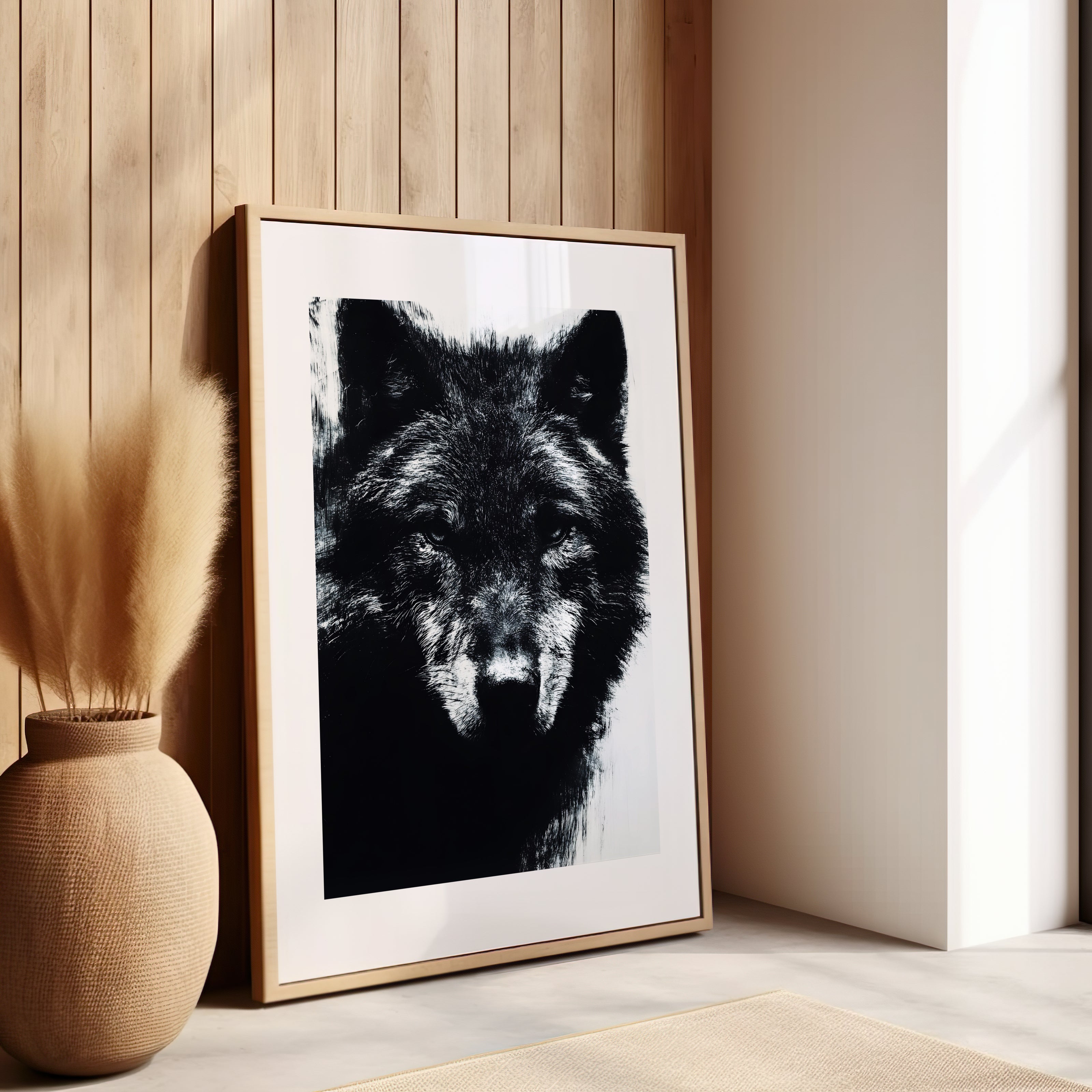 Tableau d'un loup noir en peinture noir et blanc 