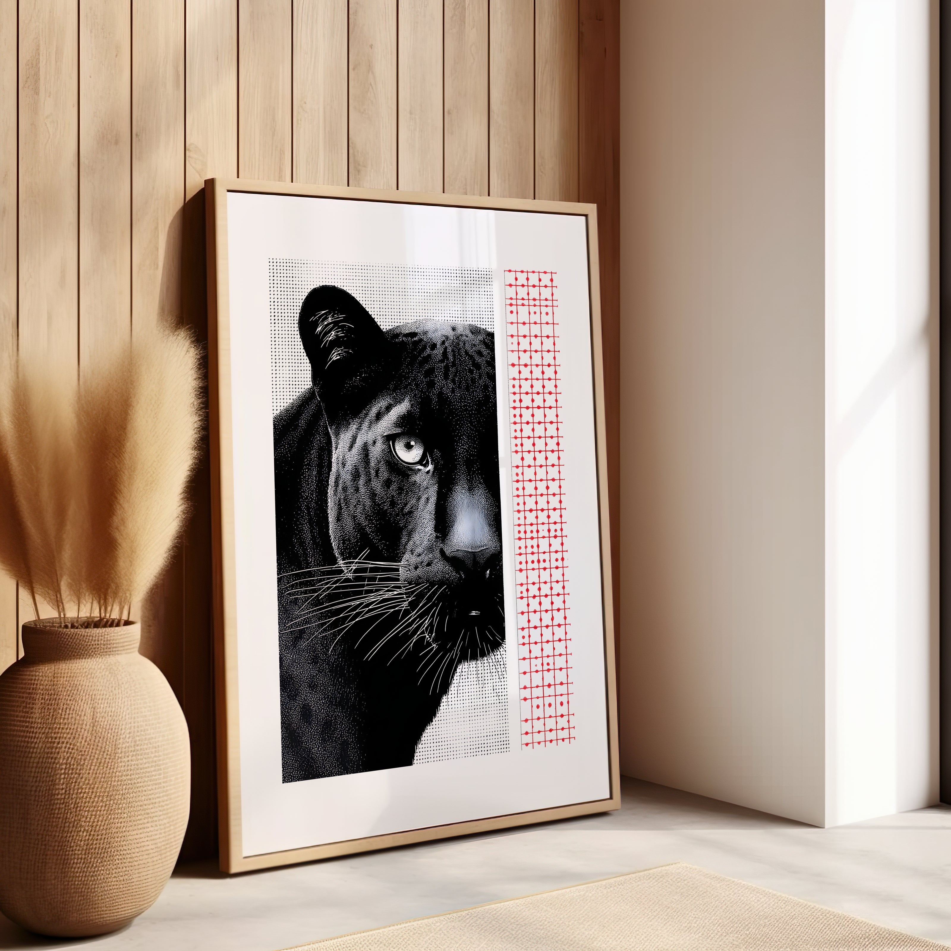 Tableau d'une panthère noir avec des détails rouges et fond blanc