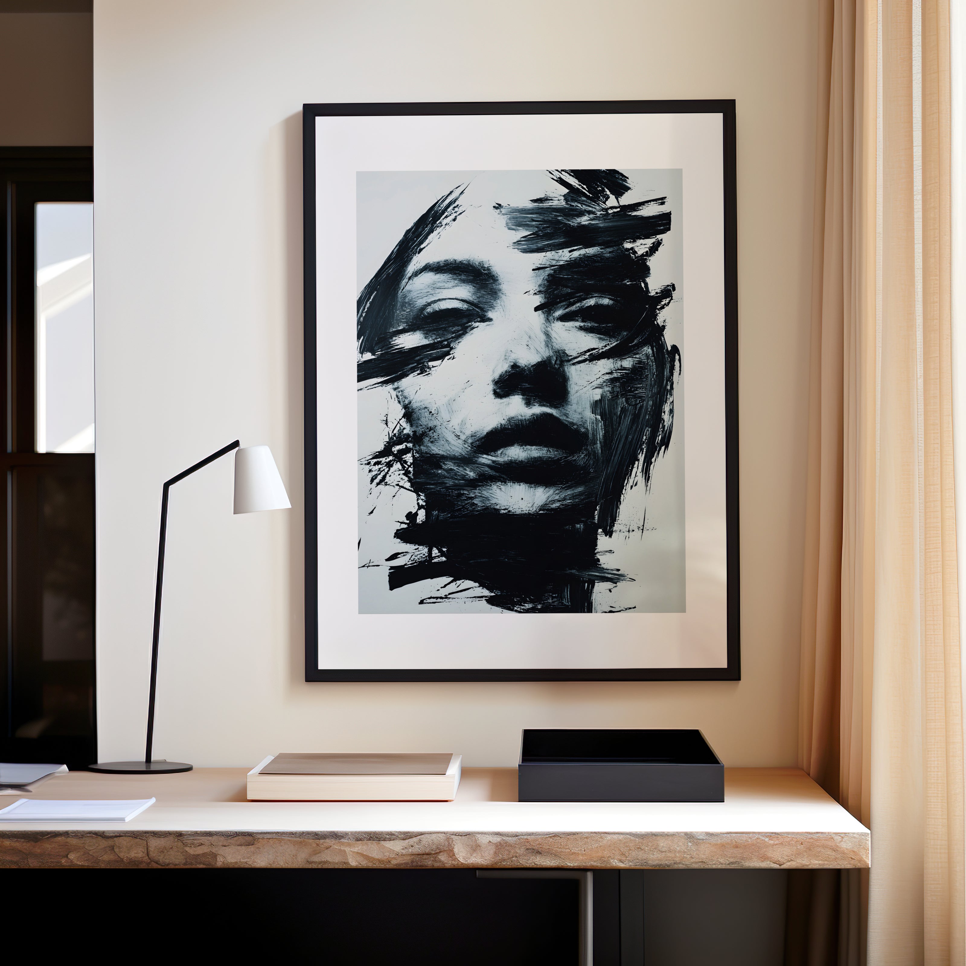 Cadre de visage de femme noir et banc