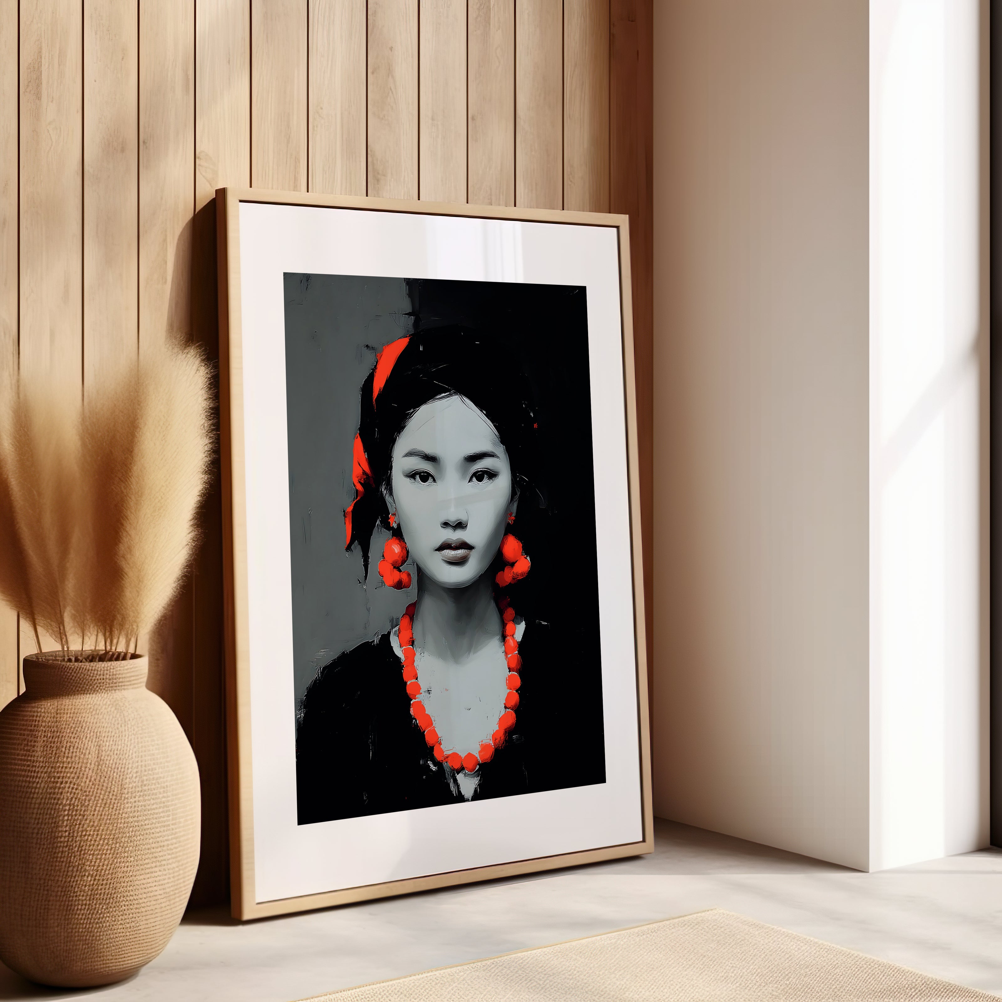 Cadre visage femme, noir blanc et rouge, ethnique, art contemporain, ethnique