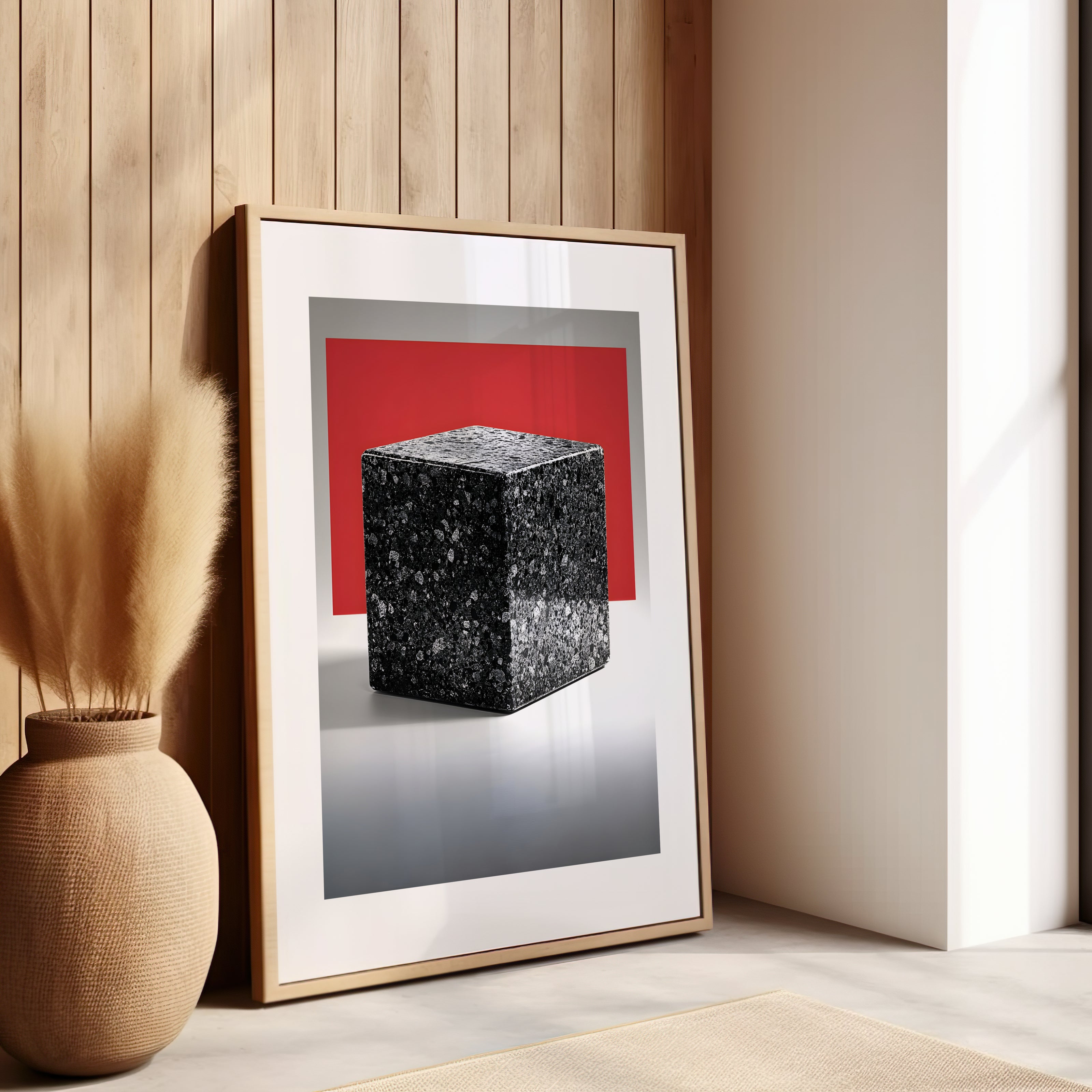 Oeuvre d'art d'un cube en granite dans un salon