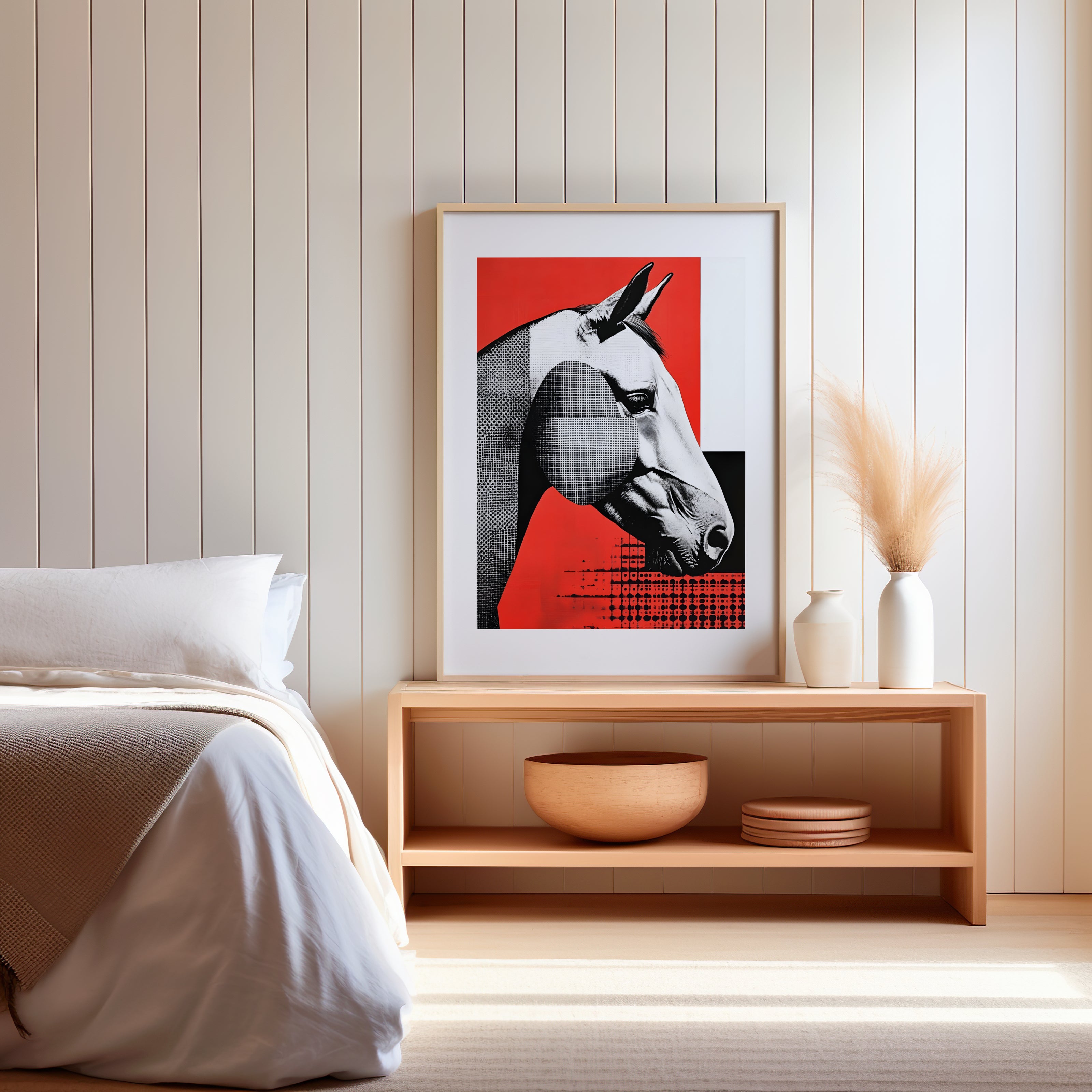 Cadre de cheval rouge noir et blanc dans une chambre