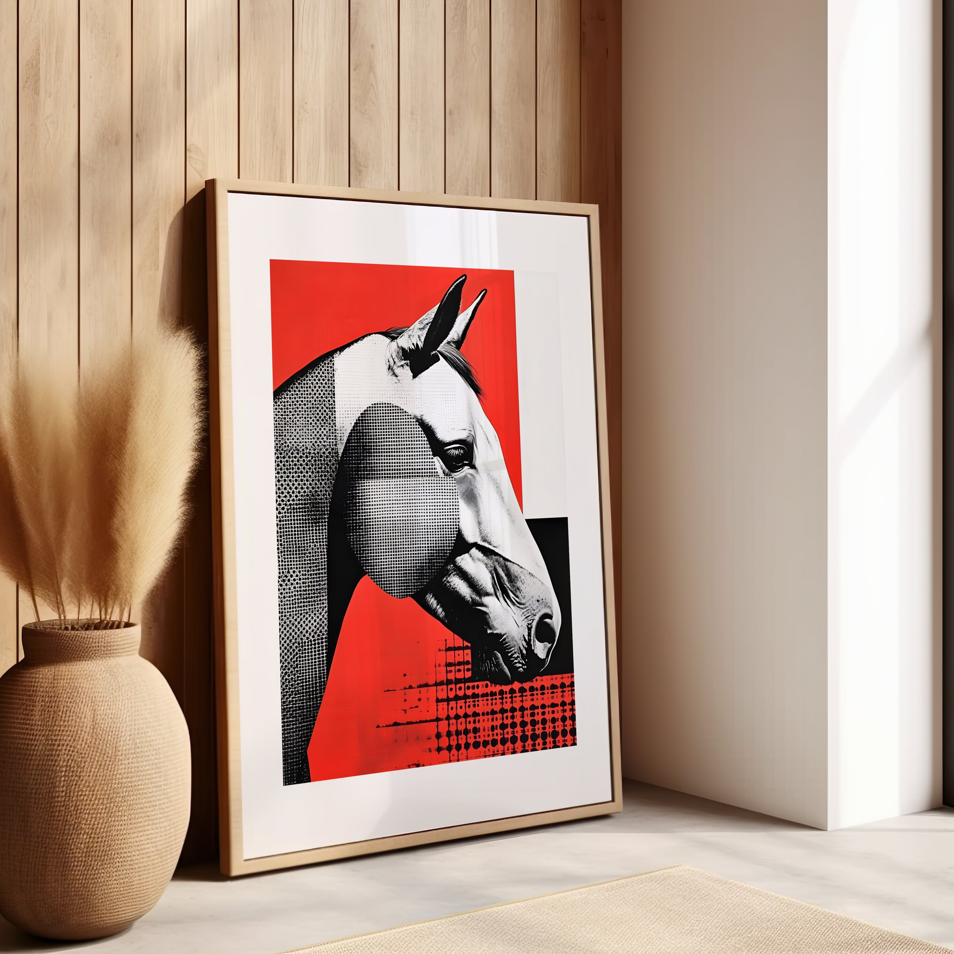 Oeuvre d'art d'un cheval avec les proportion du chiffre d'or en noir blanc et rouge.