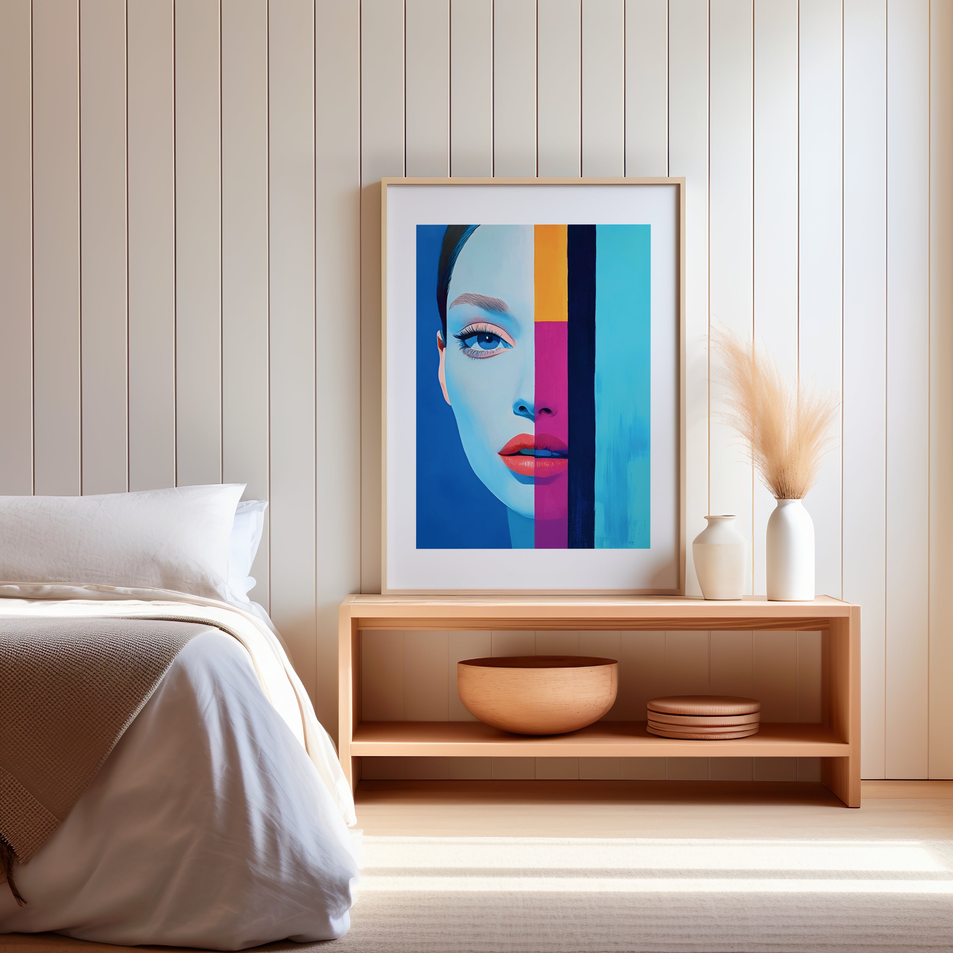 Tableau bleu, regard femme, sensuel 