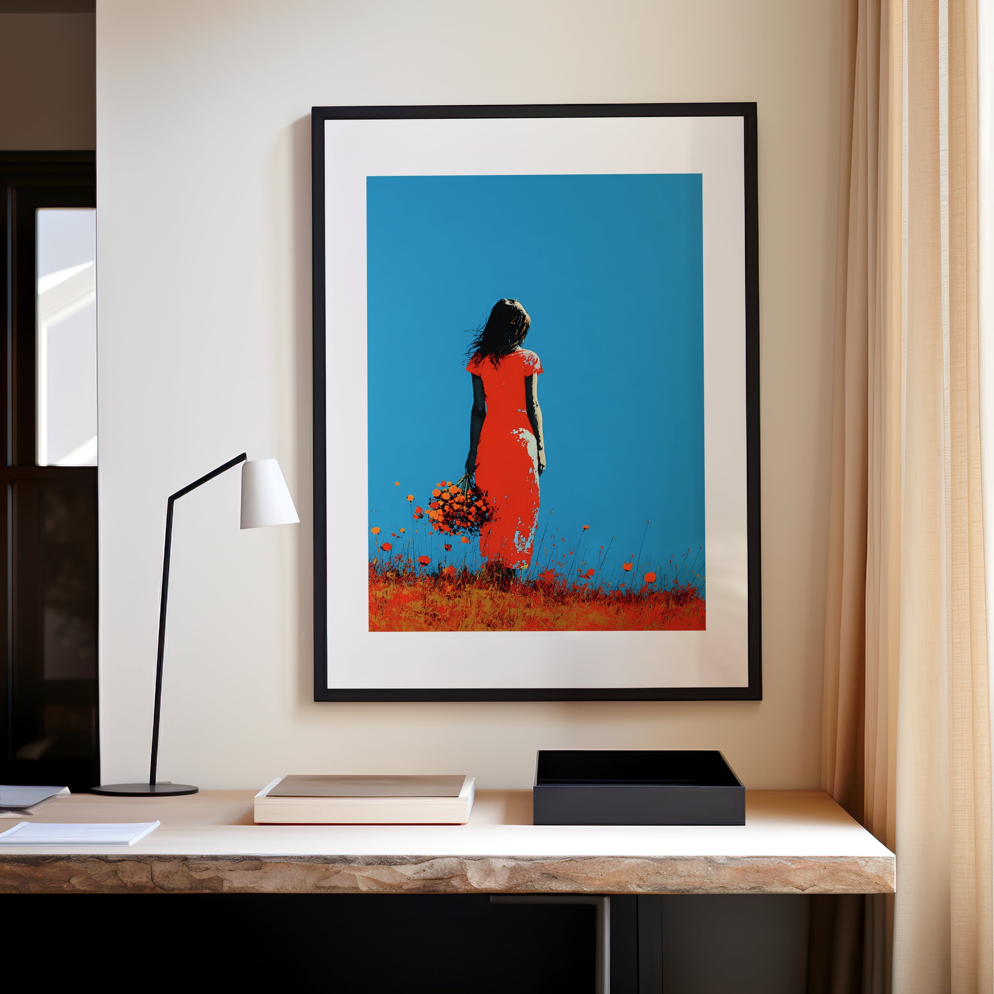 Tableau rouge et bleu d'une femme dans un champs de coquelicot.