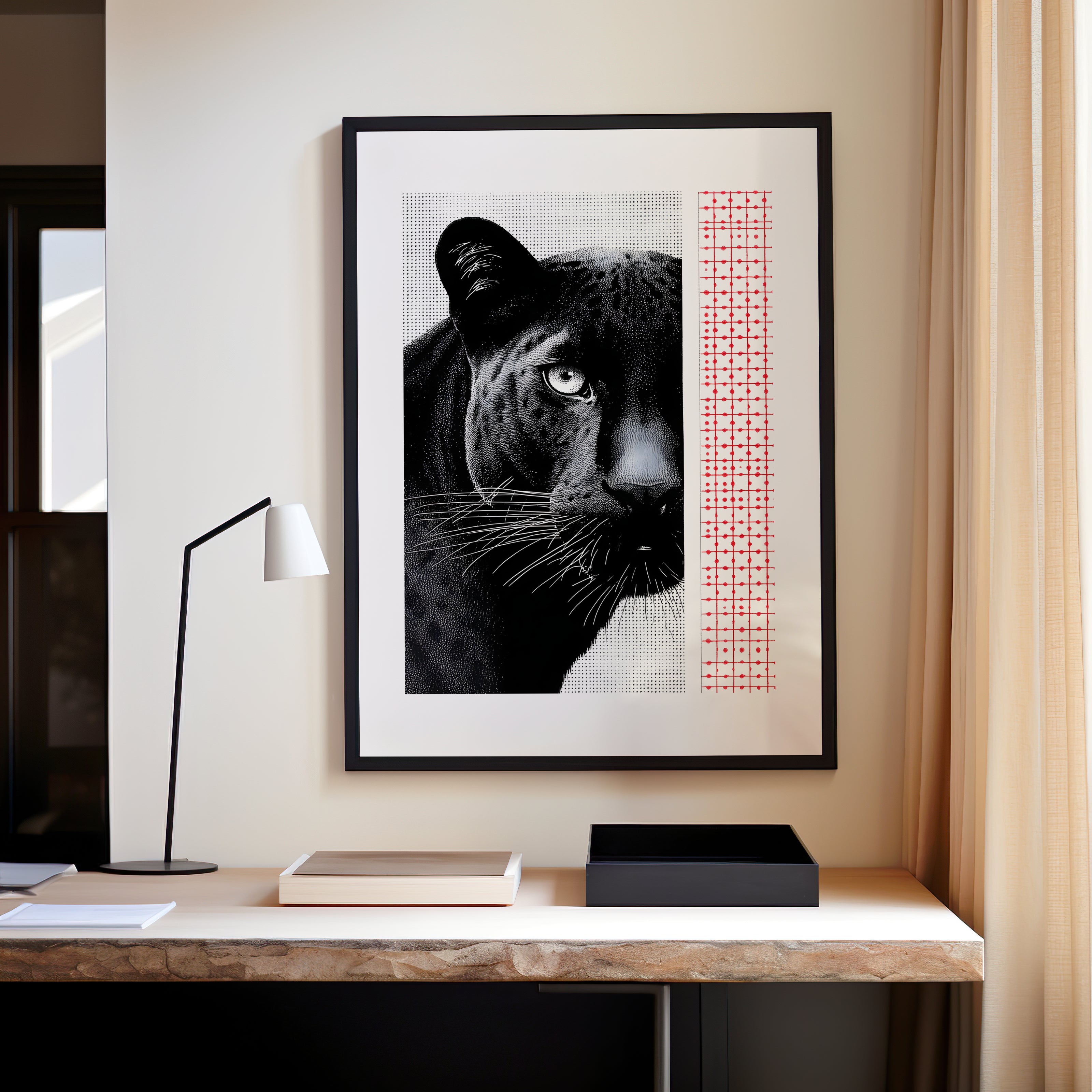 Oeuvre d'art encadrée d'une panthère noir