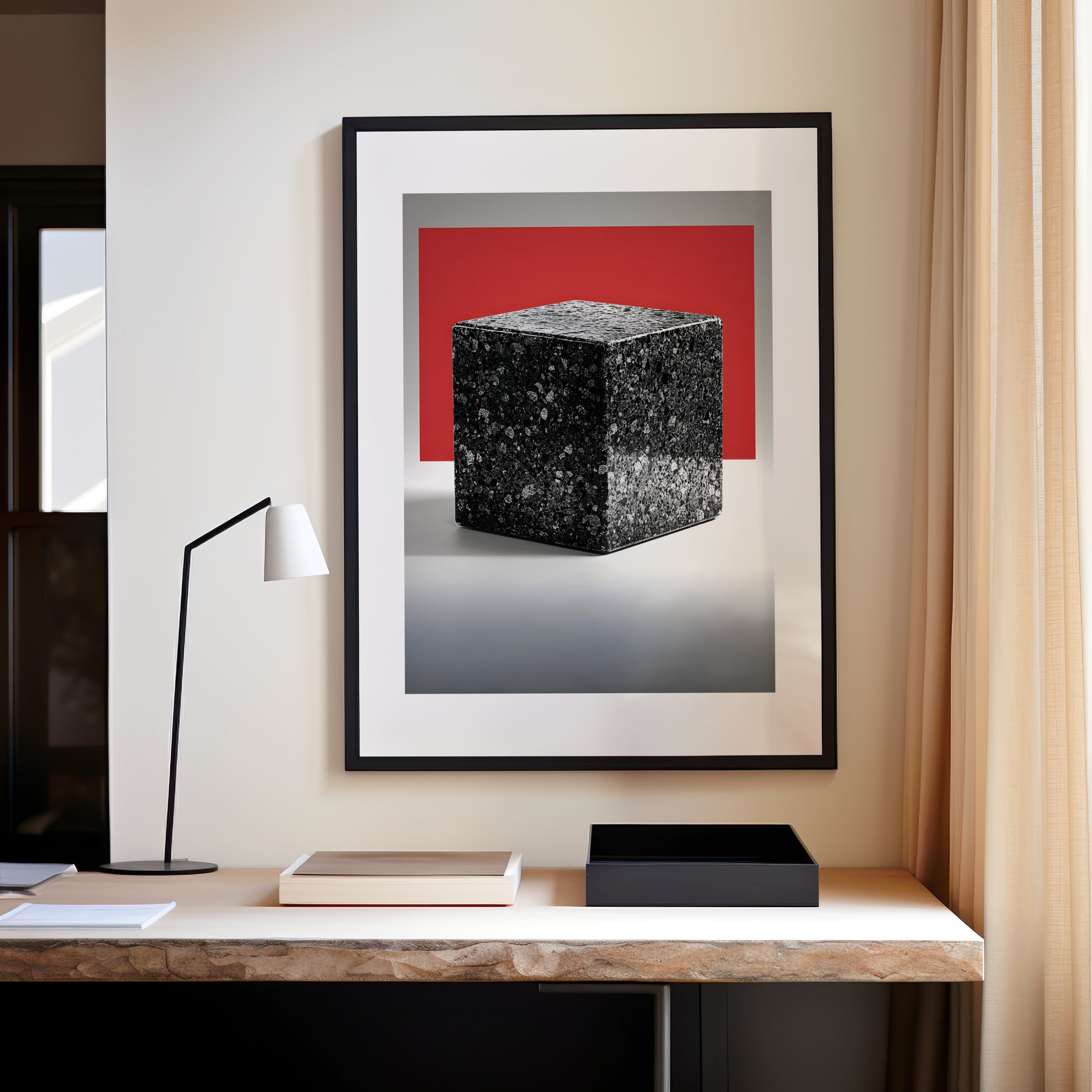 Tableau abstrait Cube de pierre noir dans un bureau 